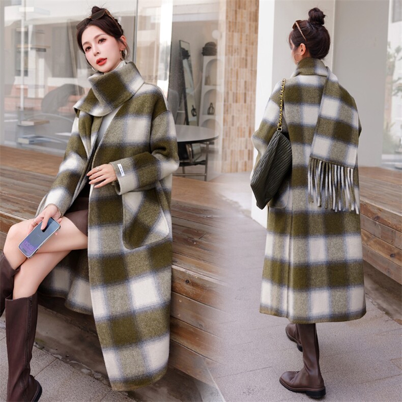 【bao款现货】2023秋冬装宽松双面羊毛大衣牛角扣格纹外套50毛，女装双面呢大衣，雅静靓衣