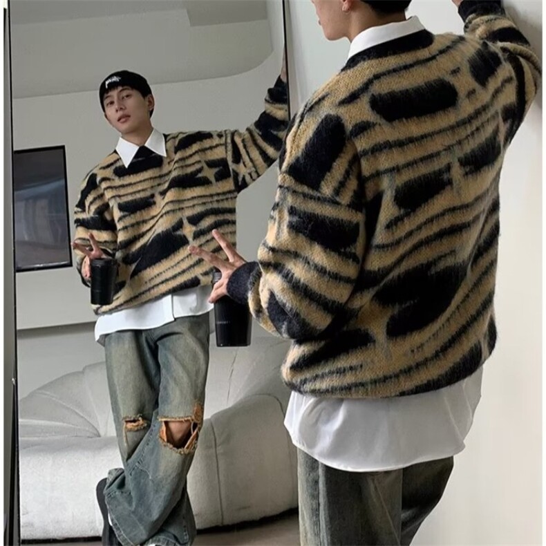 情侣装秋冬季美式潮牌复古圆领毛衣撞色针织衫潮M9175-P47，男装针织衫/毛衣，星座208-5