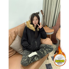 480G重磅加绒硬挺boxy秋冬美式高街超大毛领座山雕连帽卫衣厚外套，女装短外套，电商A486