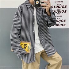 秋季新款港风休闲宽松衬衣外穿条纹百搭长袖衬衫男CS23/，男装衬衫，电商D202