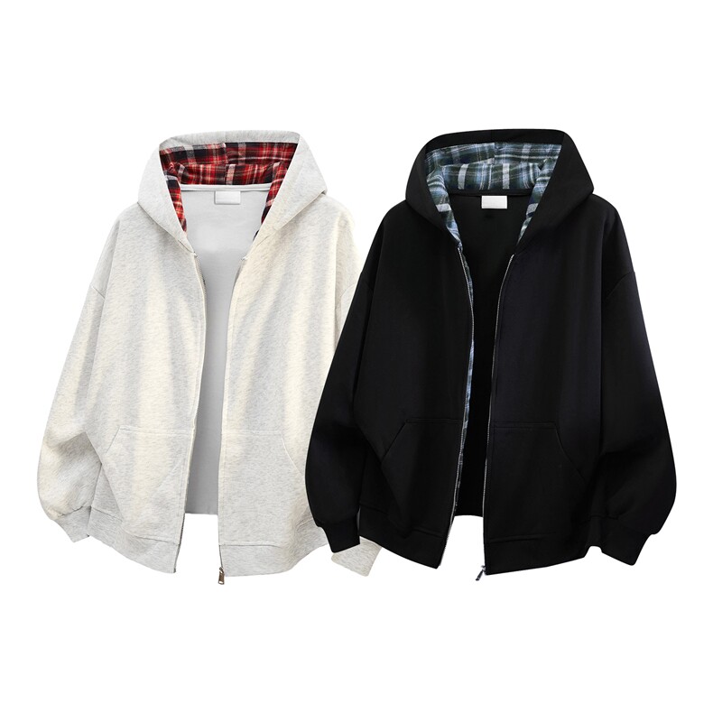 抖音得物二开25秋冬美式重磅假两件格子连帽卫衣开衫外套W17，男装卫衣，电商A486