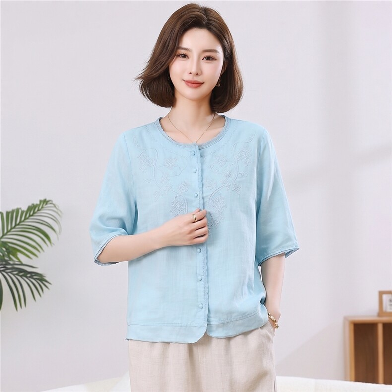 2026苎麻棉麻刺绣上衣女夏季薄款透气中袖衬衫中年妈妈宽松,女装衬衫,忆绮罗
