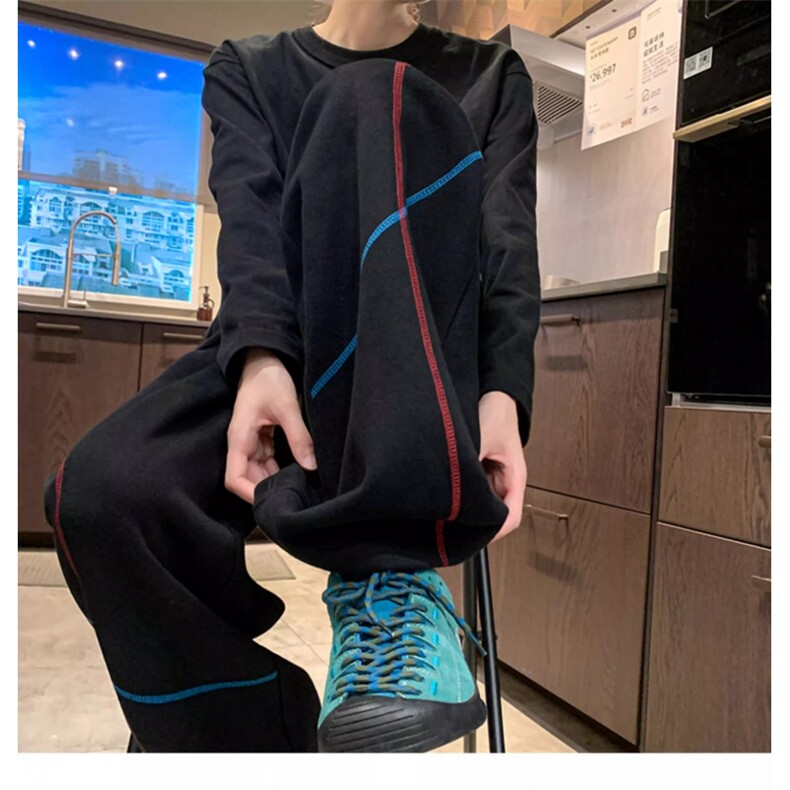 美式明线撞色弯刀卫裤男女秋季重磅宽松阔腿运动裤垂感直筒休闲裤,男装休闲裤,星座506A