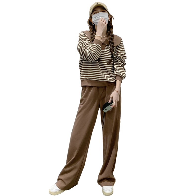 23新品海军领条纹卫衣+休闲阔腿裤两件套,女装运动套装,菡迪欧娜