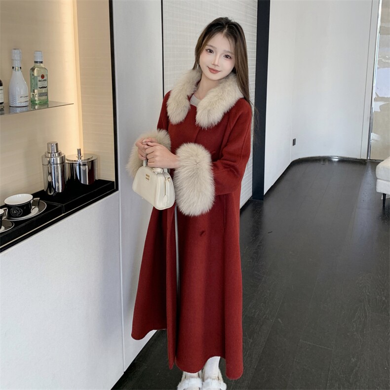现货新款2177-P450-K669双面羊绒大衣圣诞红，女装双面呢大衣，韩然一族