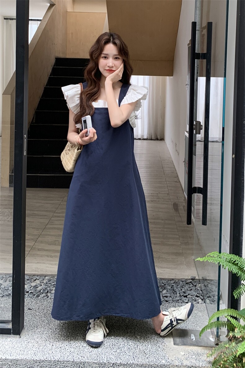 小飞袖衬衫蓝色背带裙女夏两件套连衣裙俏皮减龄学院风流行超火,女装连衣裙,2D045