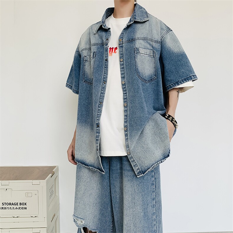 夏季牛仔短袖衬衫男休闲套装潮牌男装搭配一套衬衣服TZ0624-P100,男装休闲套装,星座308B-2