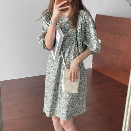 撞色包条褶皱碎花中长款连衣裙，女装连衣裙，TVMV(4F)