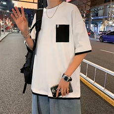 2023夏季宽松情侣胸前口袋日系t恤短袖男撞色假两件T121-P20，男装T恤，星座512-2