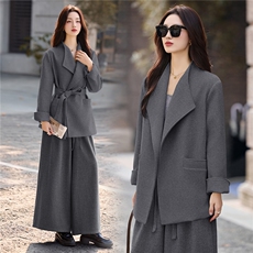 现货手工缝制冬季保暖新款时尚舒适西装领系带双面呢一手长外套，女装毛呢外套，卡杰菲