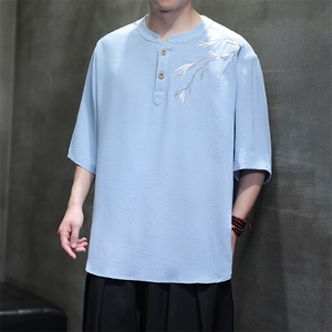 夏季冰丝新款短袖风刺绣中式五分袖男半袖纽扣大码T恤T812P55图片