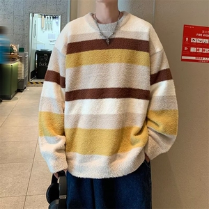 撞色条纹保暖水貂绒毛衣男款秋冬宽松休闲情侣圆领针织衫 MY420图片
