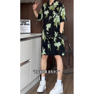 短袖衬衫男+短裤男潮流休闲套装男M-5XL大码TZ78710P50控98模特图图片