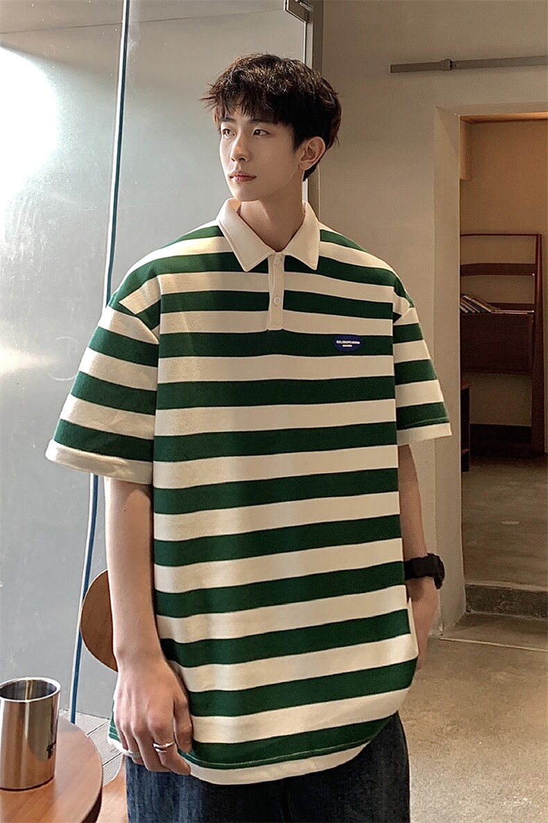美式港风条纹短袖polo衫男大码翻领短袖T恤DP8761P40控59,男装T恤,星座226-1