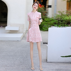 时尚复古新中式提花旗袍套装女夏盘扣立领短袖开叉上衣短裤两件套，女装套装/套裙，江南