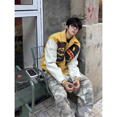 杨博文同款翻领棒球服男春季美式复古网红潮拼接撞色工装夹克，男装夹克，星座506A