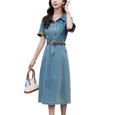 气质牛仔连衣裙女夏薄款短袖2024新款休闲复古宽松高级感收腰显瘦，女装连衣裙，丽影随形