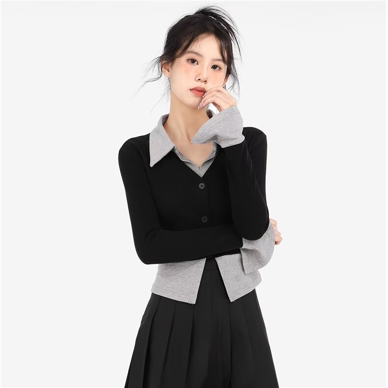 韩都衣舍黑色针织开衫女早秋季学院风假两件修身外搭短款长袖上衣,男装卫衣,星座1210-1