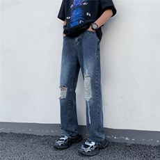美式街头破洞牛仔裤男直筒宽松欧美高街vibe风长裤子K8034-P45，男装牛仔裤，星座1109-3
