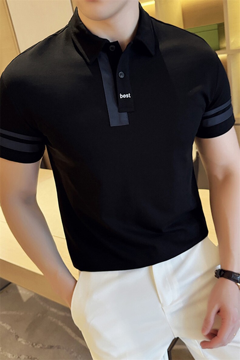 撞色翻领保罗衫宽松百搭半袖Polo衫商务绅士短袖PL65/P50降,男装Polo衫,电商A243