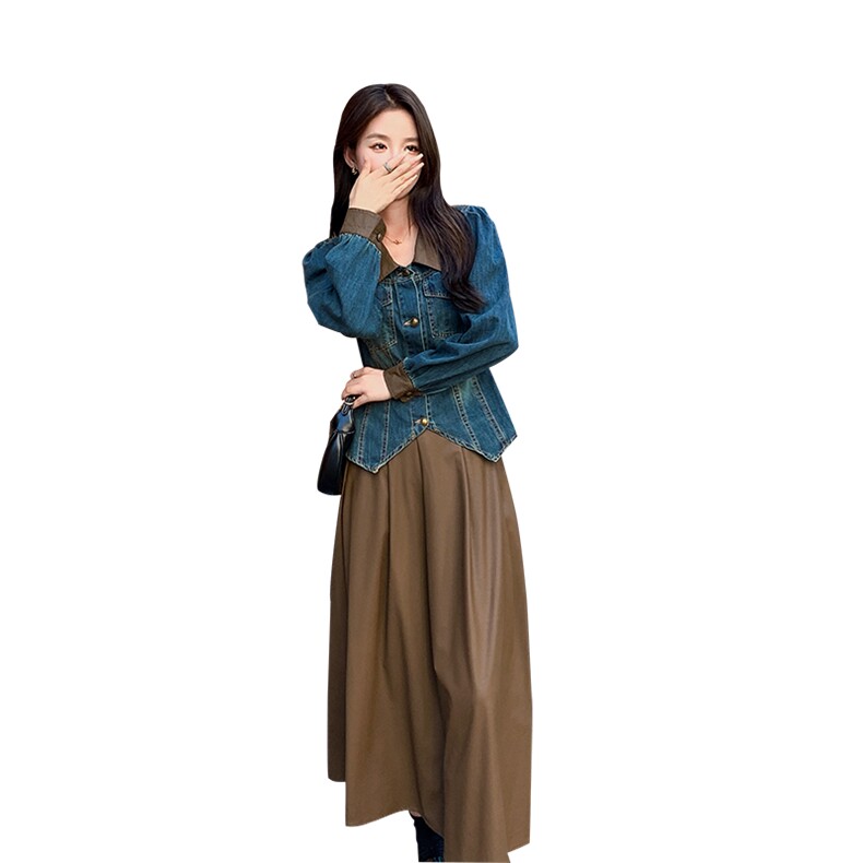 又美又飒气质套装裙女2025秋季新款牛仔外套皮衣半身裙时尚两件套,女装套装/套裙,2C159