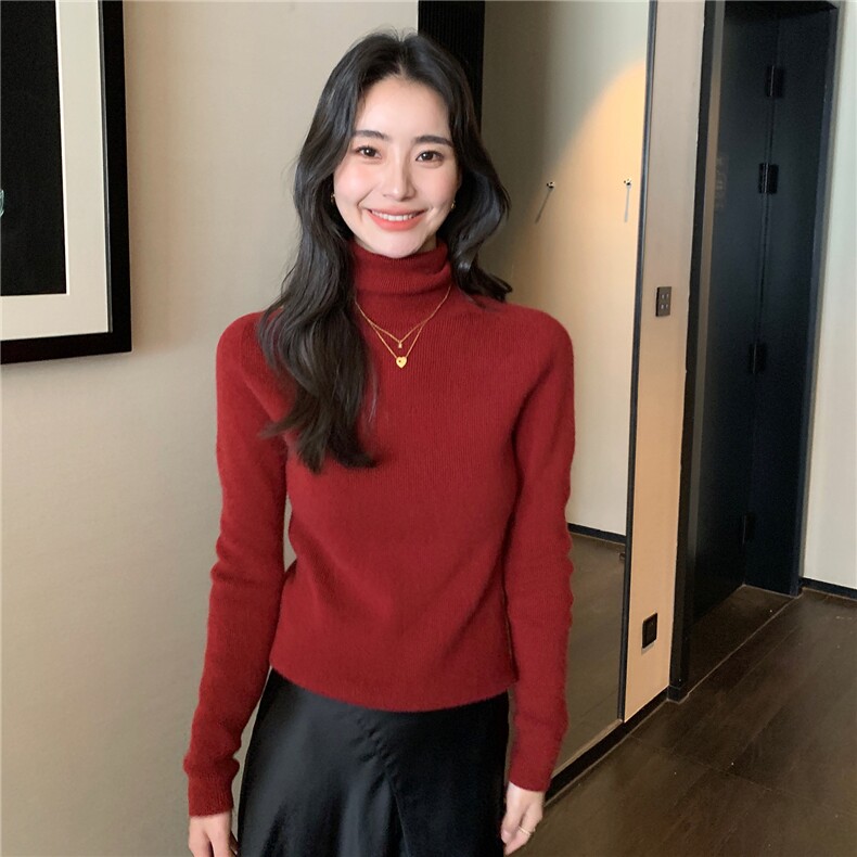2025秋冬百搭时尚简约堆堆领打底衫紧身修身打底衫,女装羊绒衫,玛卡隆羊绒