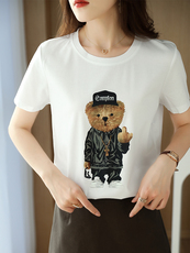 夏季时尚个性小熊站立图案棉T，女装T恤，元素羊绒