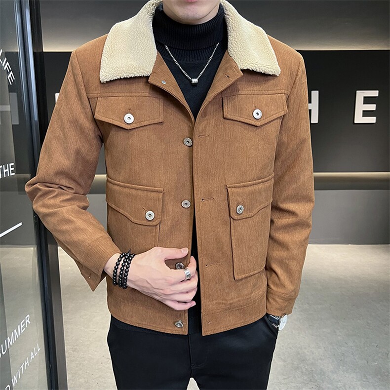 2022灯芯绒羊羔毛外套男秋冬季棉服加绒加厚毛领工装羊羔绒棉衣,男装棉衣,电商B248