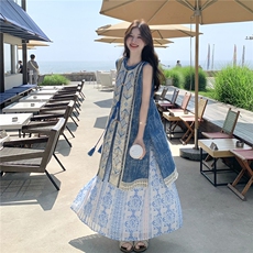 轻国风复古刺绣套装女2025夏新款小众设计感拼色马甲半身裙两件套，女装套装/套裙，2C133
