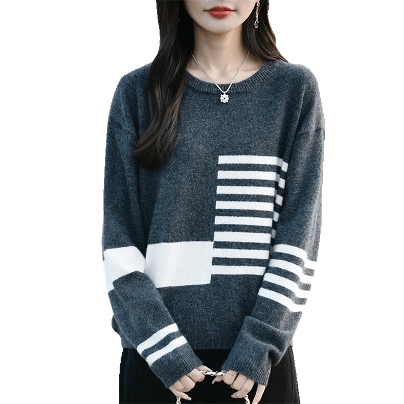 几何条纹针织衫拼色毛衣女2025新款加厚保暖宽松内搭打底毛衫上衣,针织衫/毛衣,佳绒包芯纱店