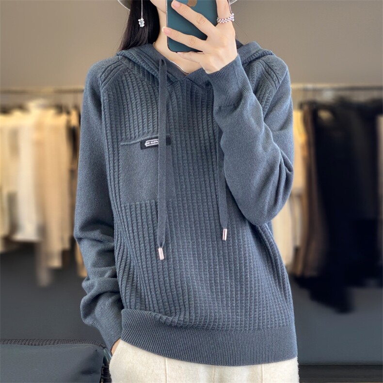 时尚百搭绿色针织帽衫修身显瘦长袖毛衣舒适保暖女款外套,针织衫/毛衣,大美人包芯纱店