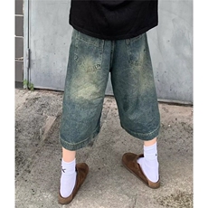 美式街头复古水洗做旧牛仔短裤男女百搭休闲宽松中裤阔腿七分裤潮，男装牛仔裤，星座506A