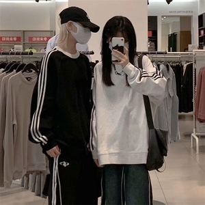 三条杠圆领加绒卫衣男秋冬休闲新款宽松潮牌百搭外套WYZ08 P35图片