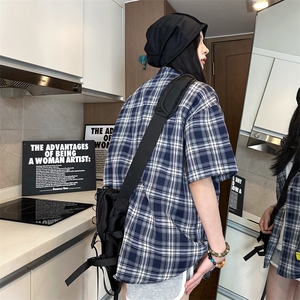 港风大码美式复古贴袋格子翻领短袖衬衫男女XZ213-CS8806-P45控58图片