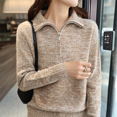 半开拉链100%纯羊毛衫女花纱拼色长袖针织毛衣宽松慵懒羊绒衫打底，女装羊毛衫，暮绒羊羊绒