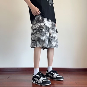 美式扎染印花工装短裤男夏季新款宽松休闲水墨风潮牌五分裤XKD05图片