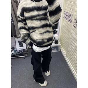 马海毛条纹美式复古毛衣男潮牌秋冬慵懒oversize针织衫 M6011图片