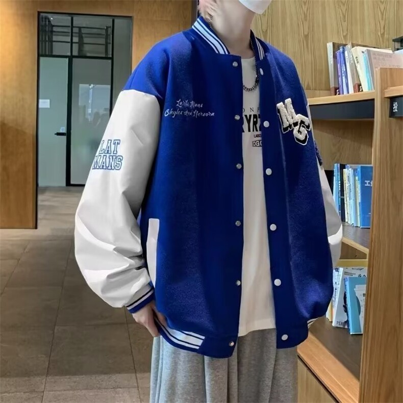棒球领夹克宽松上衣毛巾绣毛呢上衣拼皮黑/蓝M-3XLJ501,男装夹克,星座1116A-1（原606A）