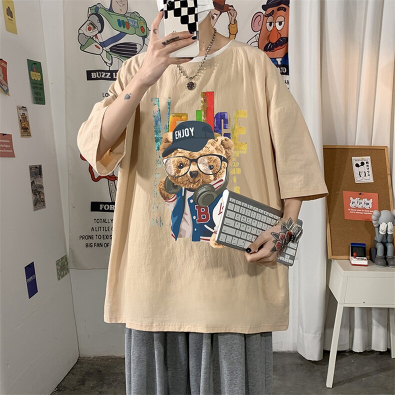 YT26211-P30亚麻短袖t恤男大码五分袖男宽松七分袖海报风,男装T恤,电商A040