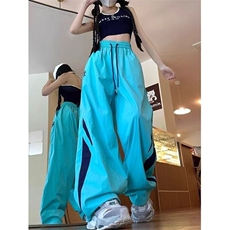 美式高街拼接阔腿裤女2025新款宽松高腰显瘦百搭垂感休闲运动长裤，女装休闲裤，星座1210-1