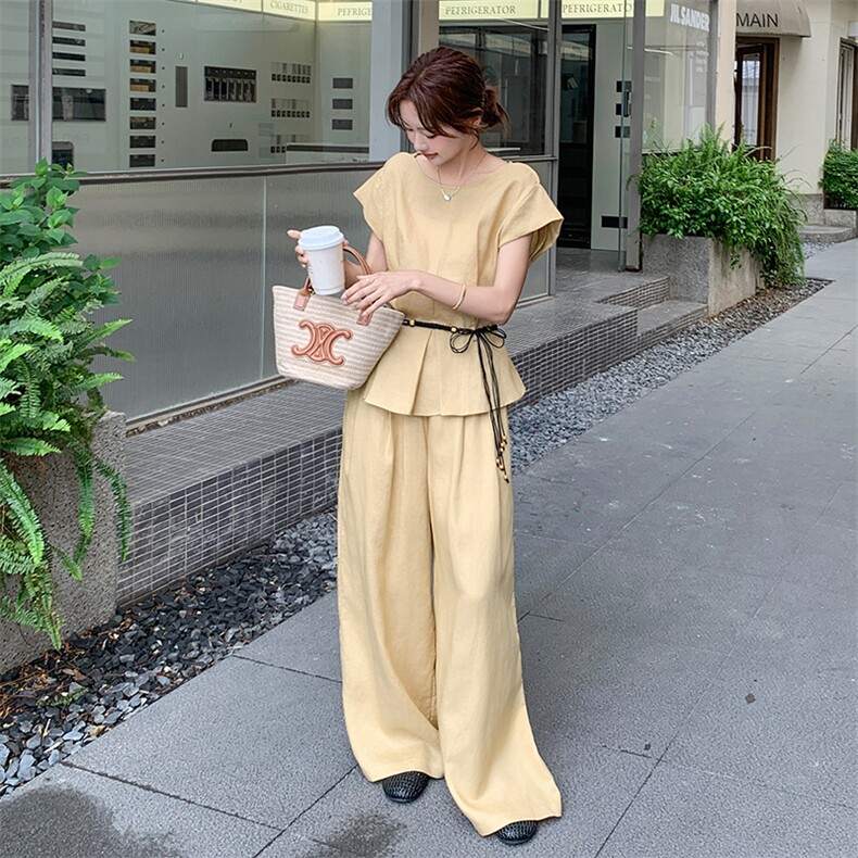 时尚休闲麻料套装女超好看2025年夏季新款飞飞袖上衣阔腿裤两件套,女装套装/套裙,2C301