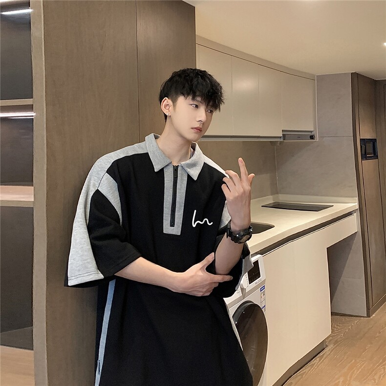 港风23夏季韩版潮流拼色时尚半拉链polo衫短袖T恤DT6320P45控68,男装T恤,电商A268A
