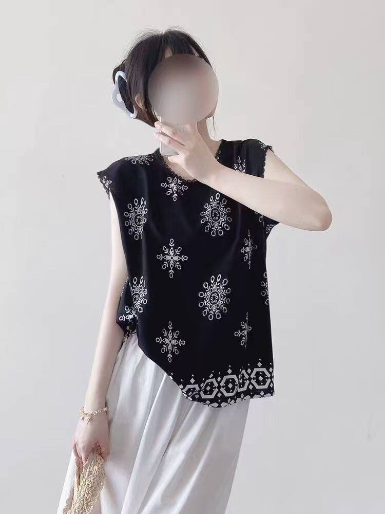 夏季棉绸花边背心无袖时尚百搭,女装T恤,湘姗