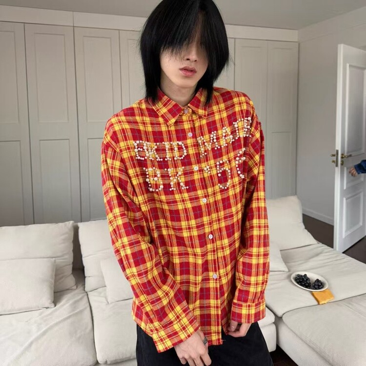 钉珠长袖格子衬衣衬衫男女美式复古新款休闲设计情侣开衫外套,男装衬衫,星座218-8