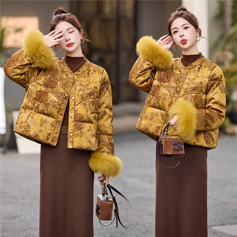 新中式90提花羽绒服2025年冬季新款高级感优雅气质白鸭外套,女装羽绒服,玖莱伊