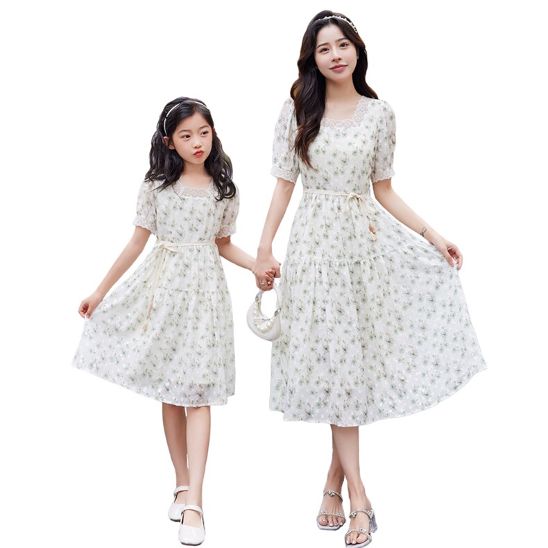 2023夏季新款雪纺印花法式亲子连衣裙甜美优雅显瘦长裙,女装连衣裙,安之芮娜
