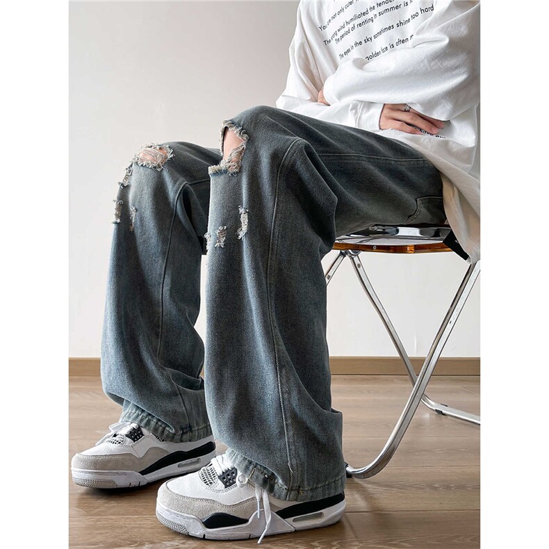 膝盖破洞牛仔裤男薄款高街宽松直筒阔腿微喇叭裤子XG600，男装牛仔裤，星座208-5