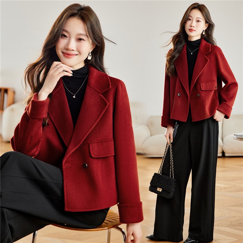 红色气质西装领毛呢外套女2025秋冬新款时尚百搭短款双面羊毛大衣，女装双面呢大衣，拾衣