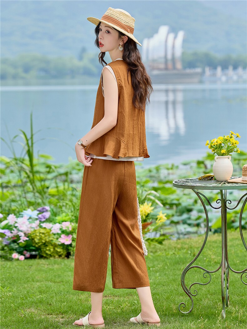 2026年夏季老钱风天丝亚麻马甲加阔腿裤通勤两件套套装,女装套装/套裙,E百度