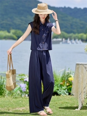 2026年夏季清凉透气上衣加阔腿裤通勤两件套套装，女装套装/套裙，E百度